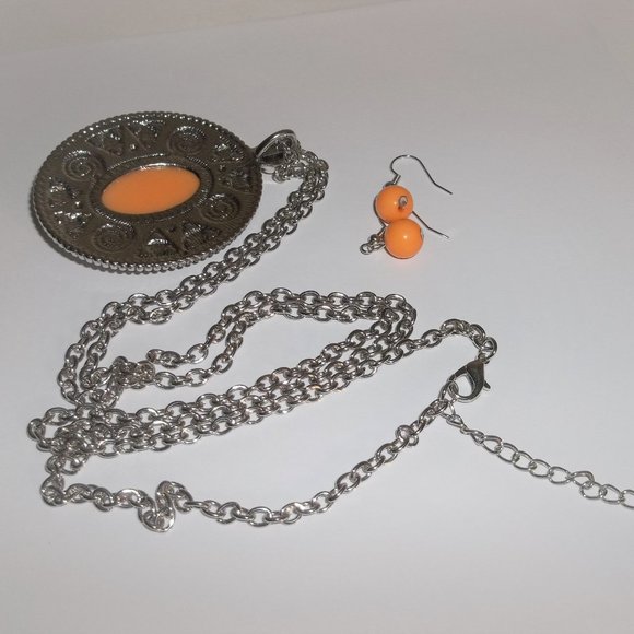 Jewelry Set Long Necklace & Earring Beaded Orange Silver Boho Style Woman A541 - Picture 5 of 6